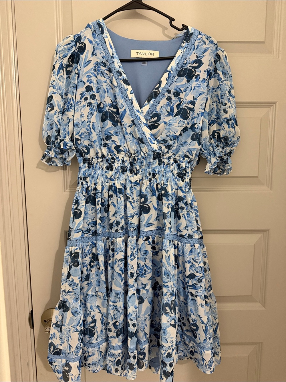 Taylor Light Blue and Navy Floral Tiered Wrap Dress